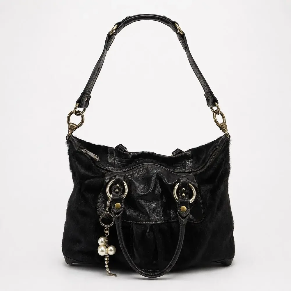 Pulicati Made In Italy Black Genuine Leather Calf Hair Boho Shoulder Handbag